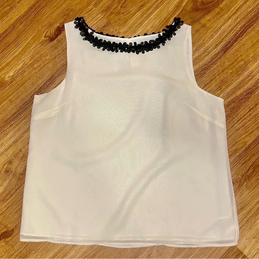 Talbots White Sleeveless Blouse with Black Floral Trim